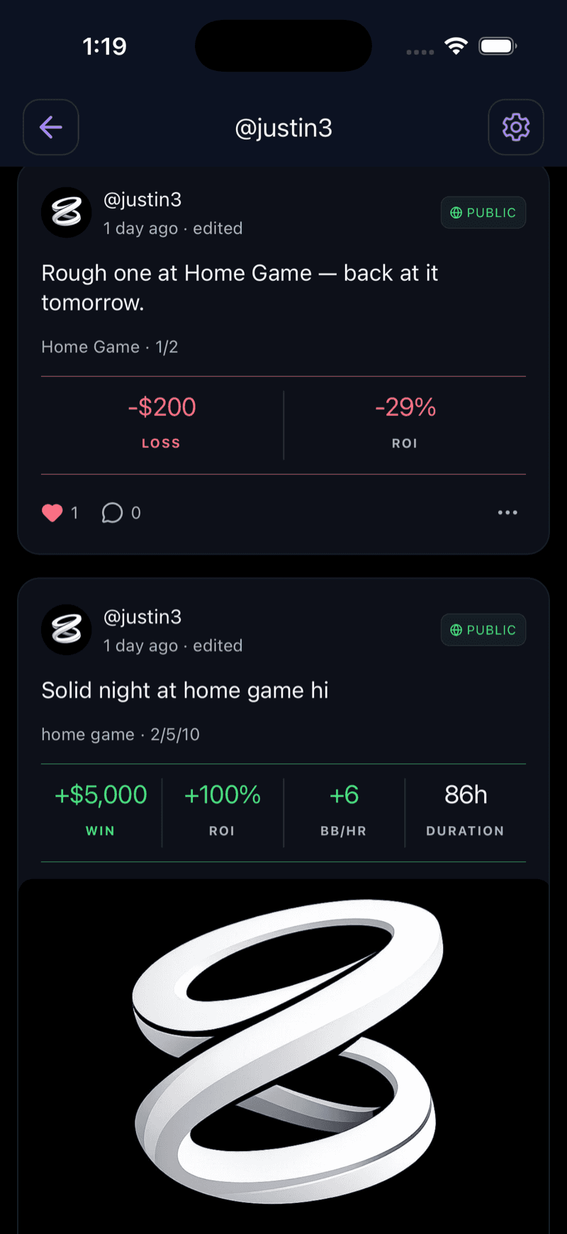 Roll social feed showing poker session posts with profit, win rate, likes, and comments