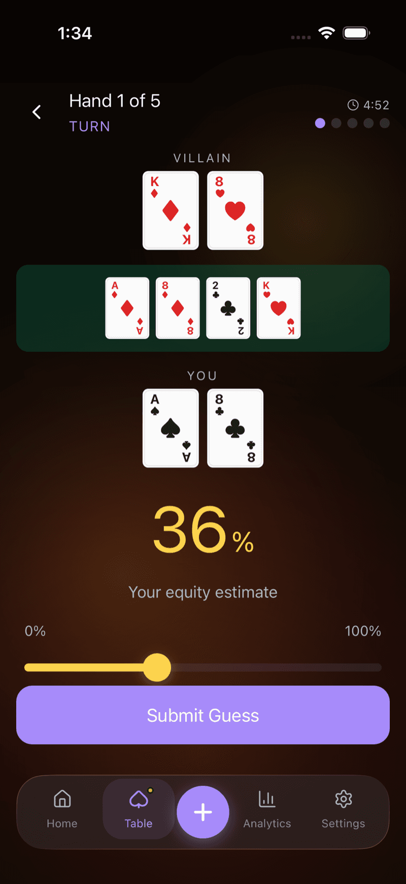 Equity Guesser Game screen with hole cards, a board, and an equity estimate slider