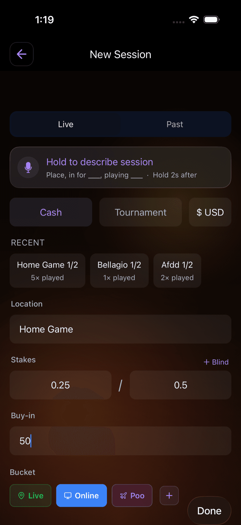New Session screen with voice input, game type, and buy-in fields