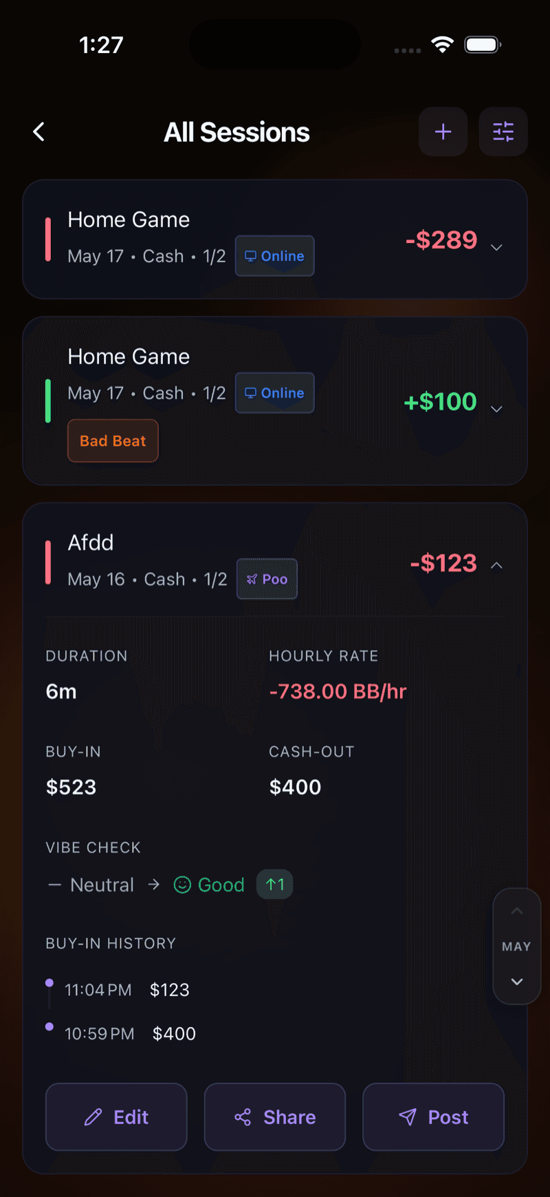 Share Session screen showing a session result card with privacy options